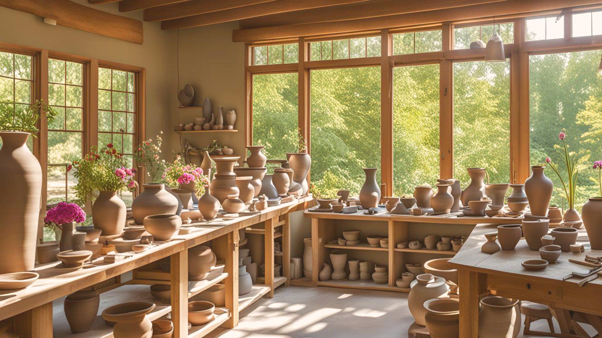 The XiX Meadows studio: sunlit wooden shelves of hand-built pots by tall windows