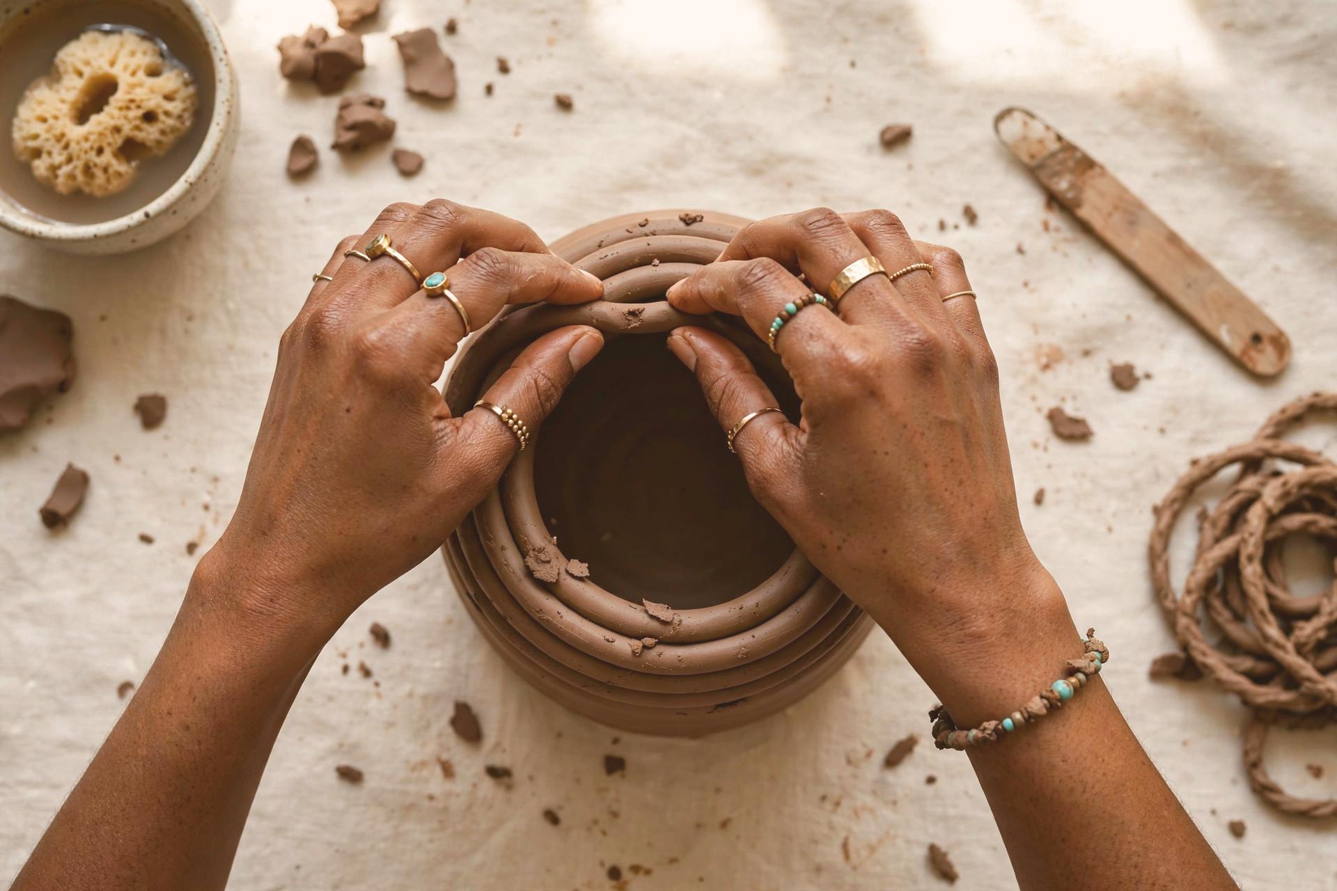 Hands coiling a vessel from raw brown clay on the worktable
